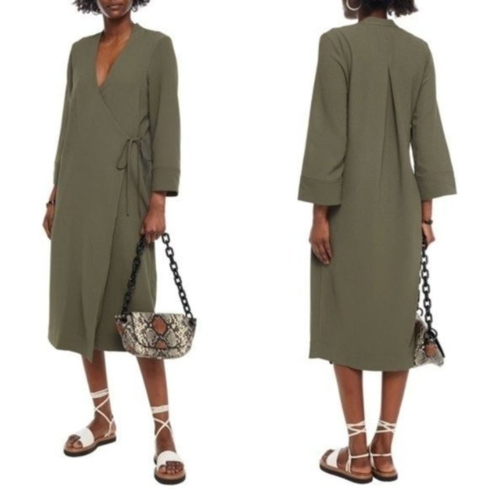 Ganni Heavy Crepe Army Green Tie Waist Wrap Midi Dress Size 36